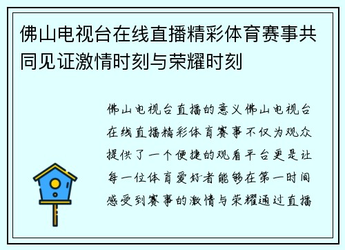 佛山电视台在线直播精彩体育赛事共同见证激情时刻与荣耀时刻