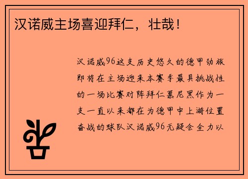 汉诺威主场喜迎拜仁，壮哉！